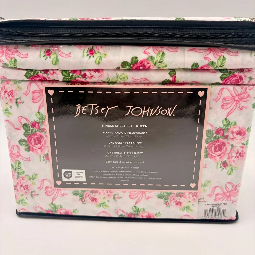 Betsey Johnson Queen Sheet Set 6 Piece Forever Rose Bow Pink Floral Microfiber‎